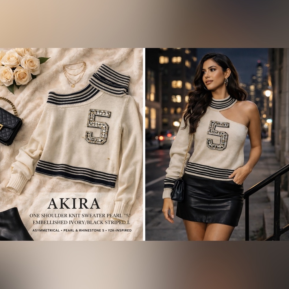 AKIRA One Shoulder Knit Sweater Pearl “5” Embellished Ivory/Black Striped Sz L
